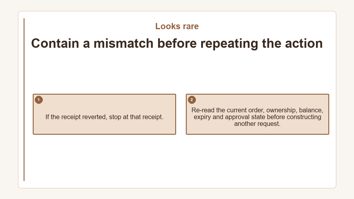 Contain a mismatch before repeating the action: If the receipt reverted, stop at that receipt.; Re-read the current order, ownership, balance, expiry and approval state before constructing another request.