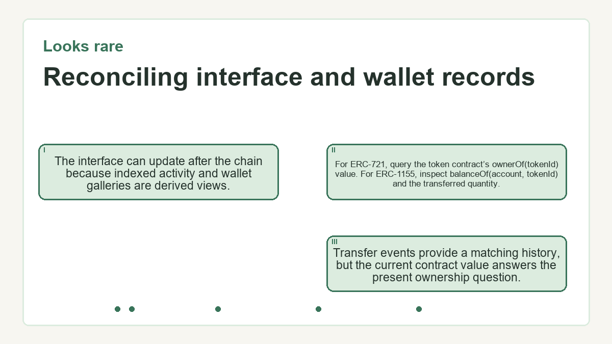 Reconciling interface and wallet records: The interface can update after the chain because indexed activity and wallet galleries are derived views.; For ERC-721, query the token contract’s ownerOf(tokenId) value. For ERC-1155, inspect balanceOf(account, tokenId) and the transferred quantity.; Transfer events provide a matching history, but the current contract value answers the present ownership question.